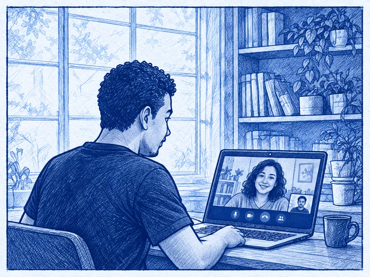 Ilustração de Douglas Gaspar em uma conversa por vídeo